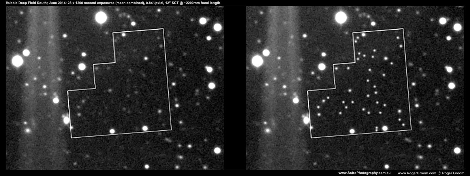 Hubble Deep Field South - 28 x 1200s exposures (mean combined) 0.84"/pixel, ST8-XME, full FOV. Comparison showing annotated and clear view.