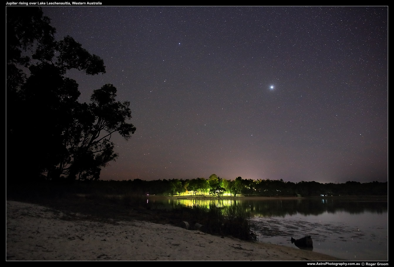 Jupiter rising above the camp and lake at Lake Leschenaultia in Chidlow, Western Australia. February 2016.