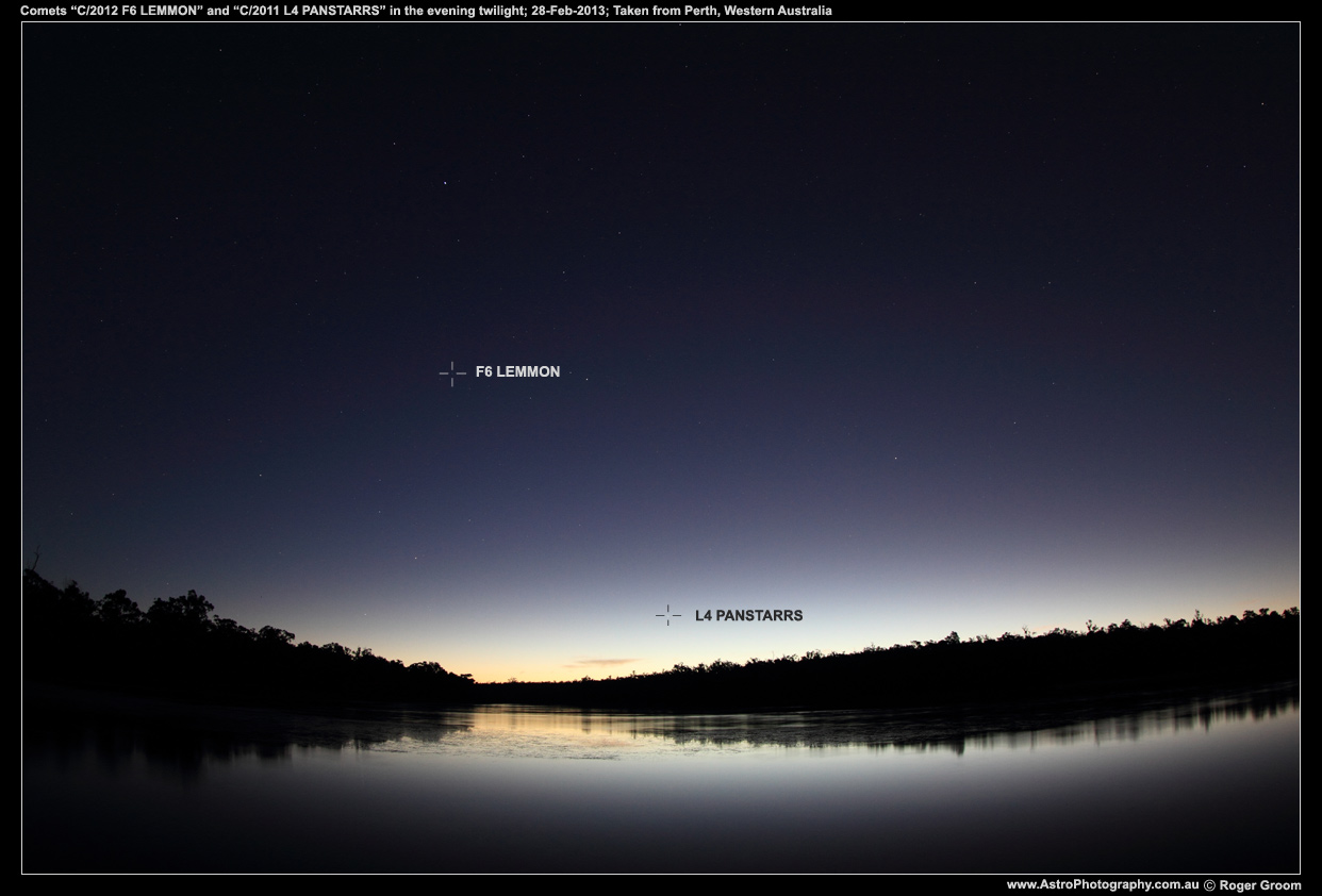 A photograph showing the Evening twilight with comet C/2012 F6 LEMMON and C/2011 L4 PANSTARRS
