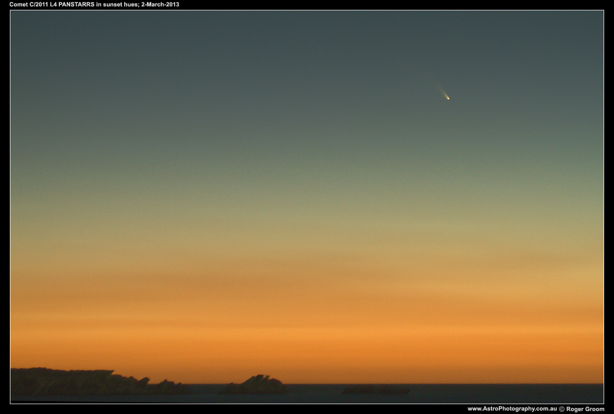 Photograph of Comet C/2011 L4 PANSTARRS in sunset hues