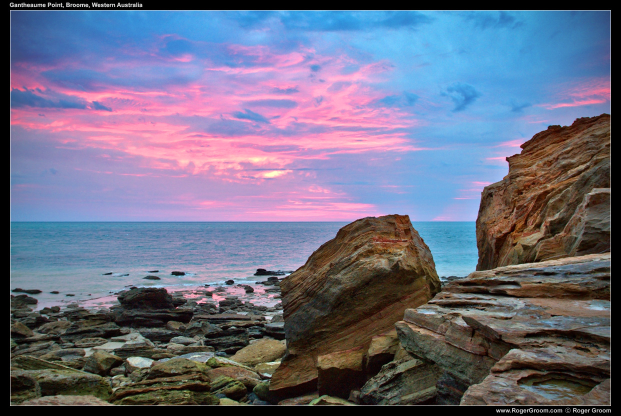 Photograph of Gantheaume Point with sunset colours