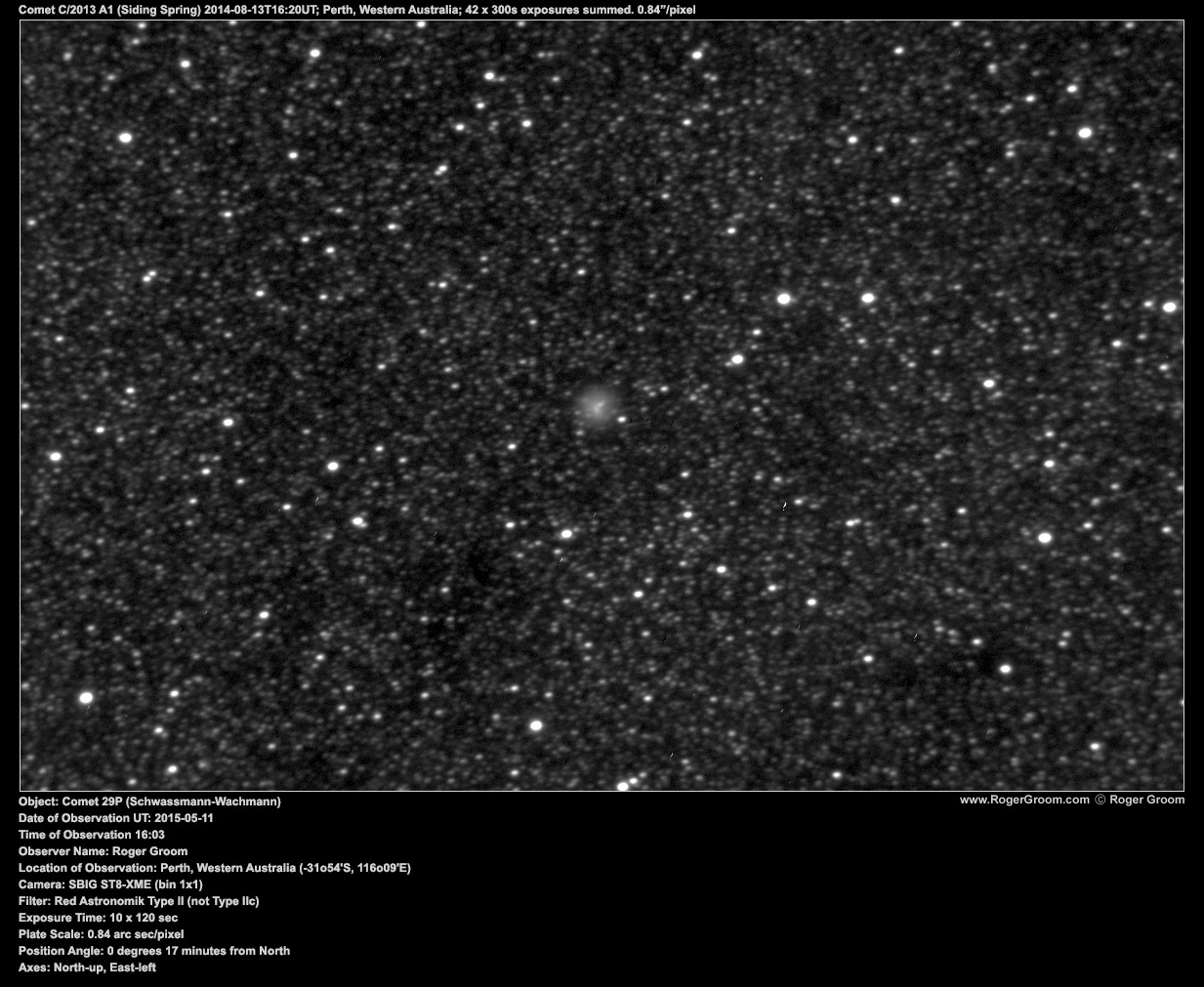 Object: Comet 29P (Schwassmann-Wachmann) Date of Observation UT: 2015-05-11 Time of Observation 16:03 Observer Name: Roger Groom Location of Observation: Perth, Western Australia (-31o54'S, 116o09'E) Camera: SBIG ST8-XME (bin 1x1) Filter: Red Astronomik Type II (not Type IIc) Exposure Time: 10 x 120 sec Plate Scale: 0.84 arc sec/pixel Position Angle: 0 degrees 17 minutes from North Axes: North-up, East-left
