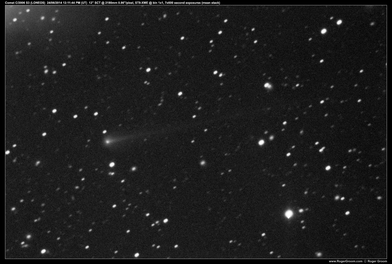 Comet C/2006 S3 (LONEOS). Taken using ST8-XME bin 1x1 on 12" SCT @ 2180mm focal length resulting in 0.86"/pixel scale. 7 x 600 second exposures, combined using mean (average) stack.