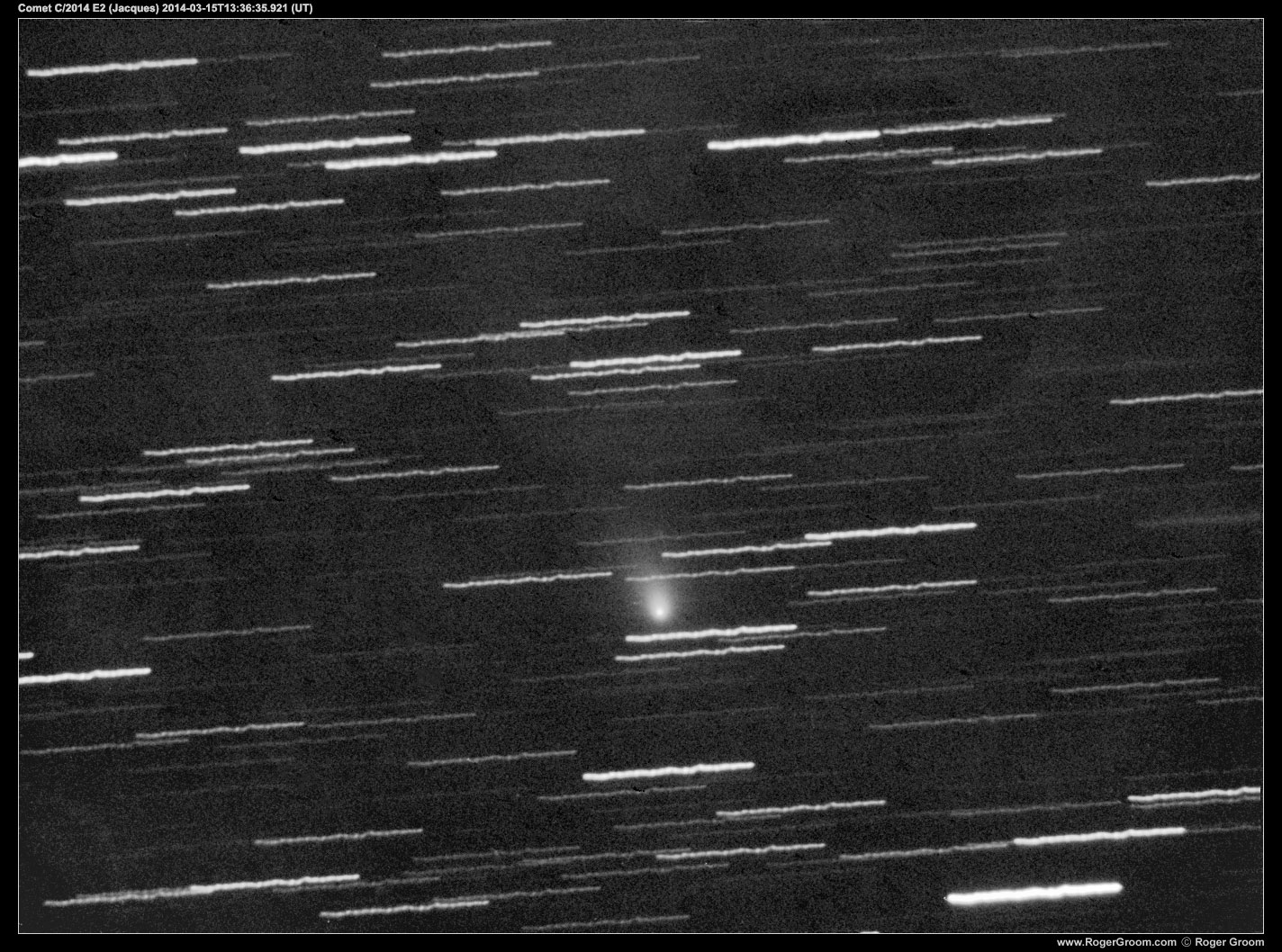 Comet C/2014 E2 (Jacques) 10x300s exposures. Average. Heavy processing to reduce the effects of a nearby almost full moon.