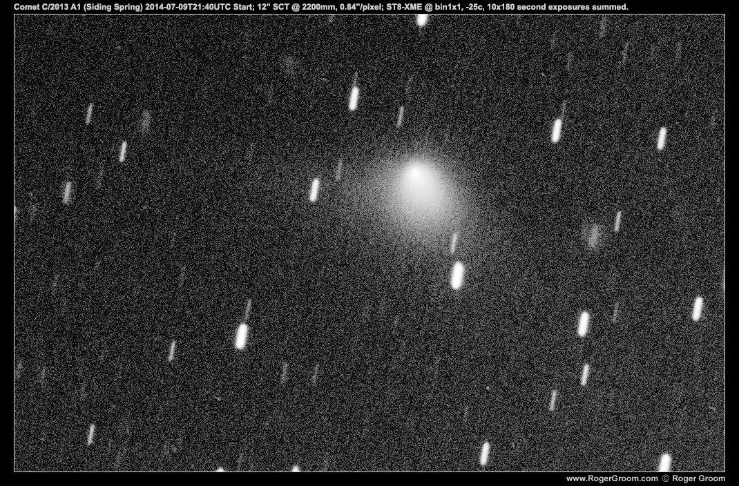 Comet C/2013 A1 (Siding Spring) 2014-07-09T21:40UTC Start; 12” SCT @ 2200mm, 0.84”/pixel; ST8-XME @ bin1x1, -25c, 10x180 second exposures summed.  (brighter, cropped)