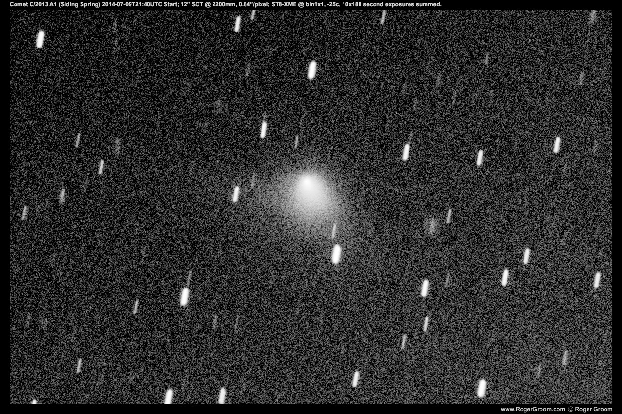 Comet C/2013 A1 (Siding Spring) 2014-07-09T21:40UTC Start; 12” SCT @ 2200mm, 0.84”/pixel; ST8-XME @ bin1x1, -25c, 10x180 second exposures summed. (brighter)