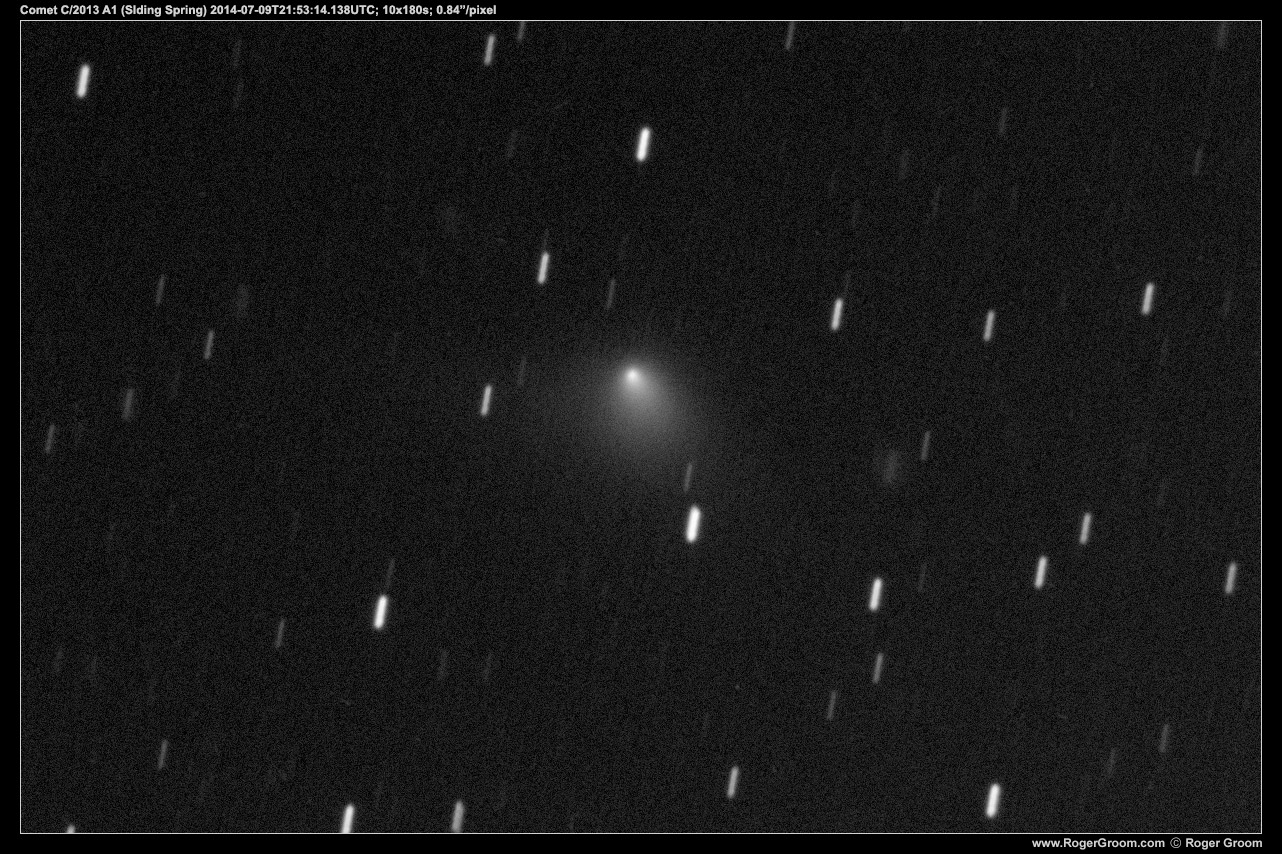 Comet-C2013-A1-(Siding-Spring)-10x180s-2014-07-09UT.jpg 100% zoom, cropped. 12" SCT @ 2200mm, 0.84"/pixel. 10x180s exposures summed.