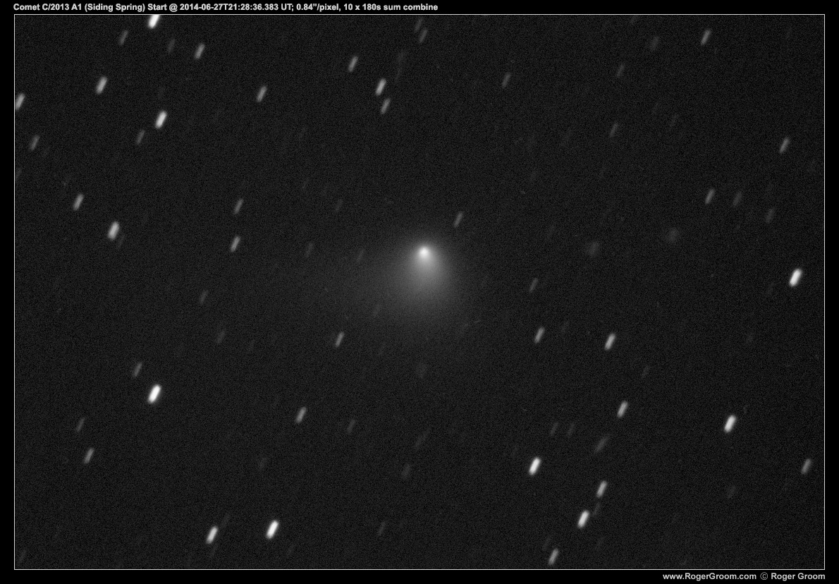 Comet C/2013 A1 (Siding Spring) at 2014-06-27T21:28:36.383 UT. 10 x 180 second exposures combined using sum algorithm.