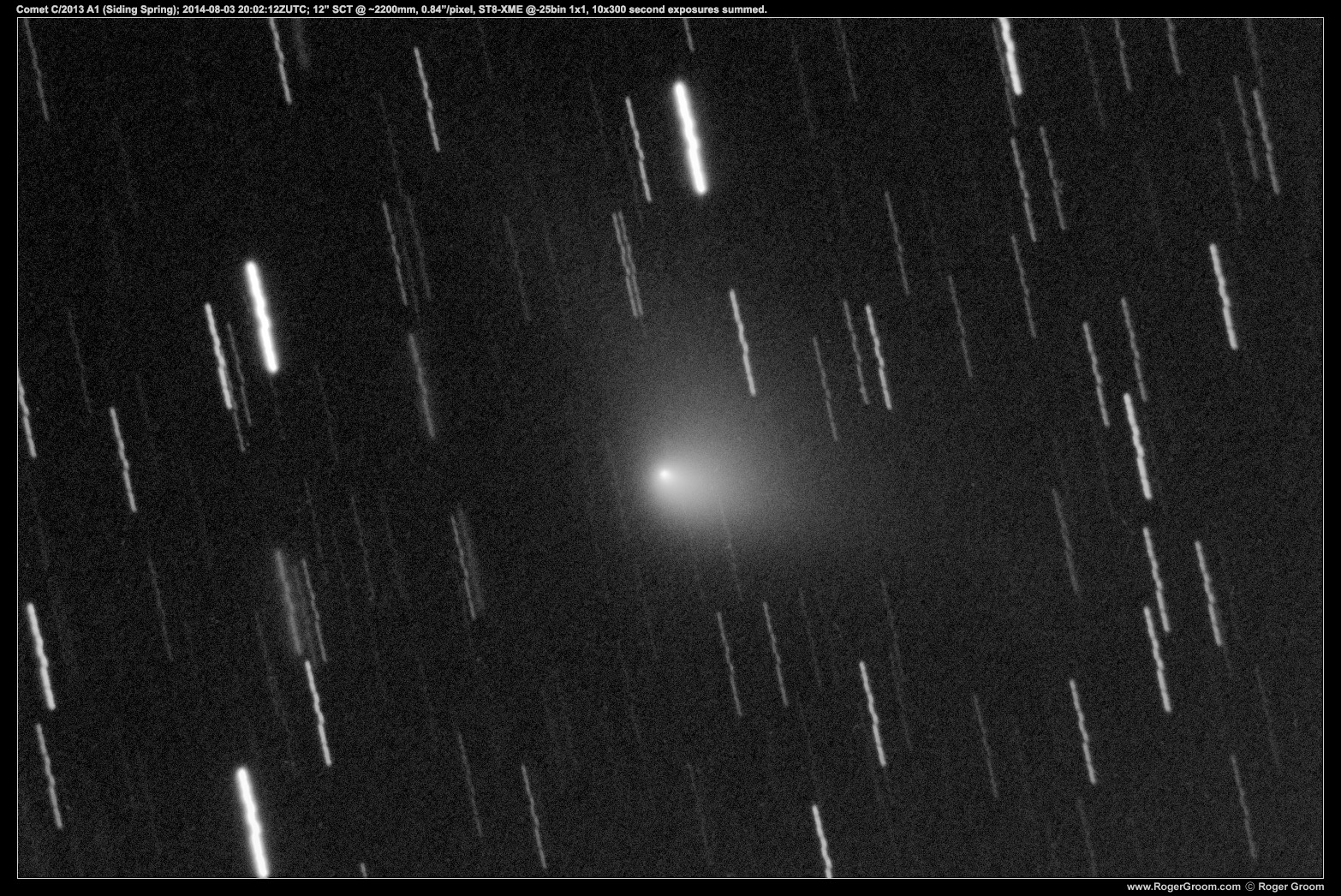 Comet C/2013 A1 (Siding Spring); 2014-08-03 20:02:12ZUTC; 12” SCT @ ~2200mm, 0.84”/pixel, ST8-XME @-25bin 1x1, 10x300 second exposures summed.