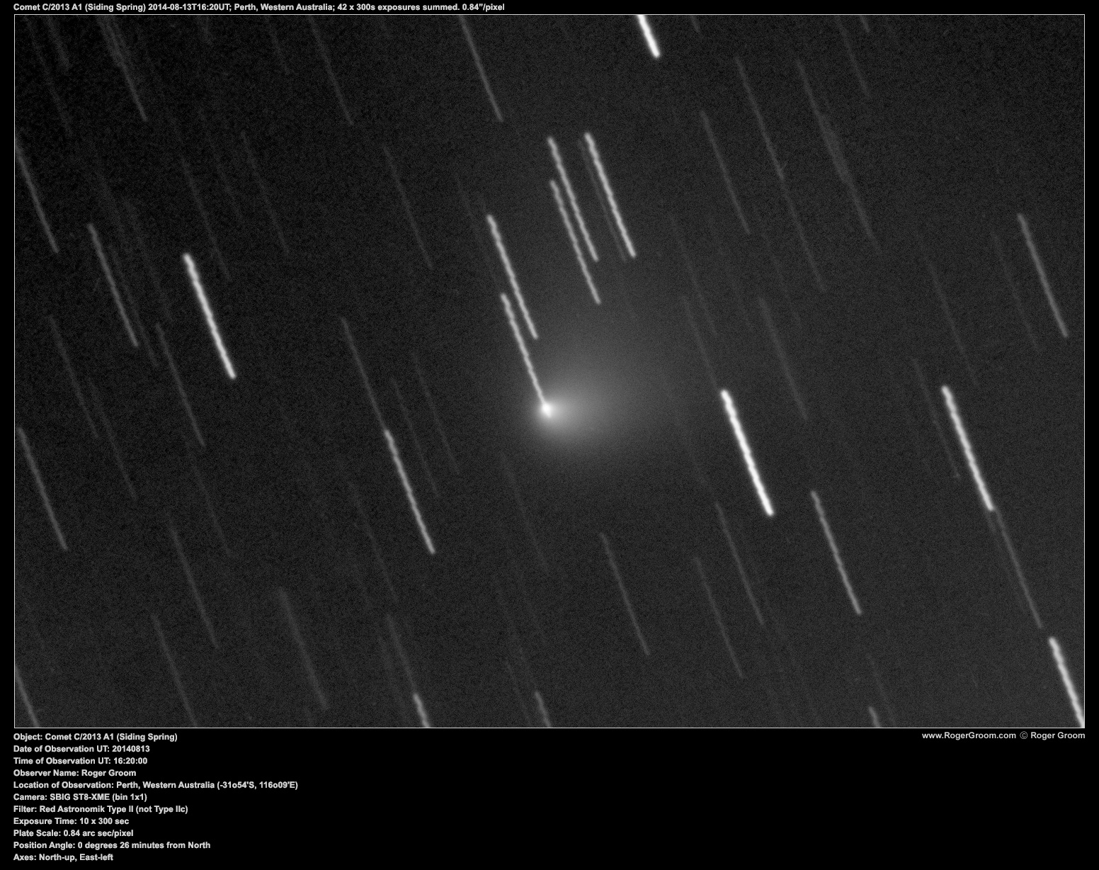 Object: Comet C/2013 A1 (Siding Spring) Date of Observation UT: 20140813 Time of Observation UT: 16:20:00 Observer Name: Roger Groom Location of Observation: Perth, Western Australia (-31o54'S, 116o09'E) Camera: SBIG ST8-XME (bin 1x1) Filter: Red Astronomik Type II (not Type IIc) Exposure Time: 42 x 300 sec Plate Scale: 0.84 arc sec/pixel Position Angle: 0 degrees 26 minutes from North Axes: North-up, East-left