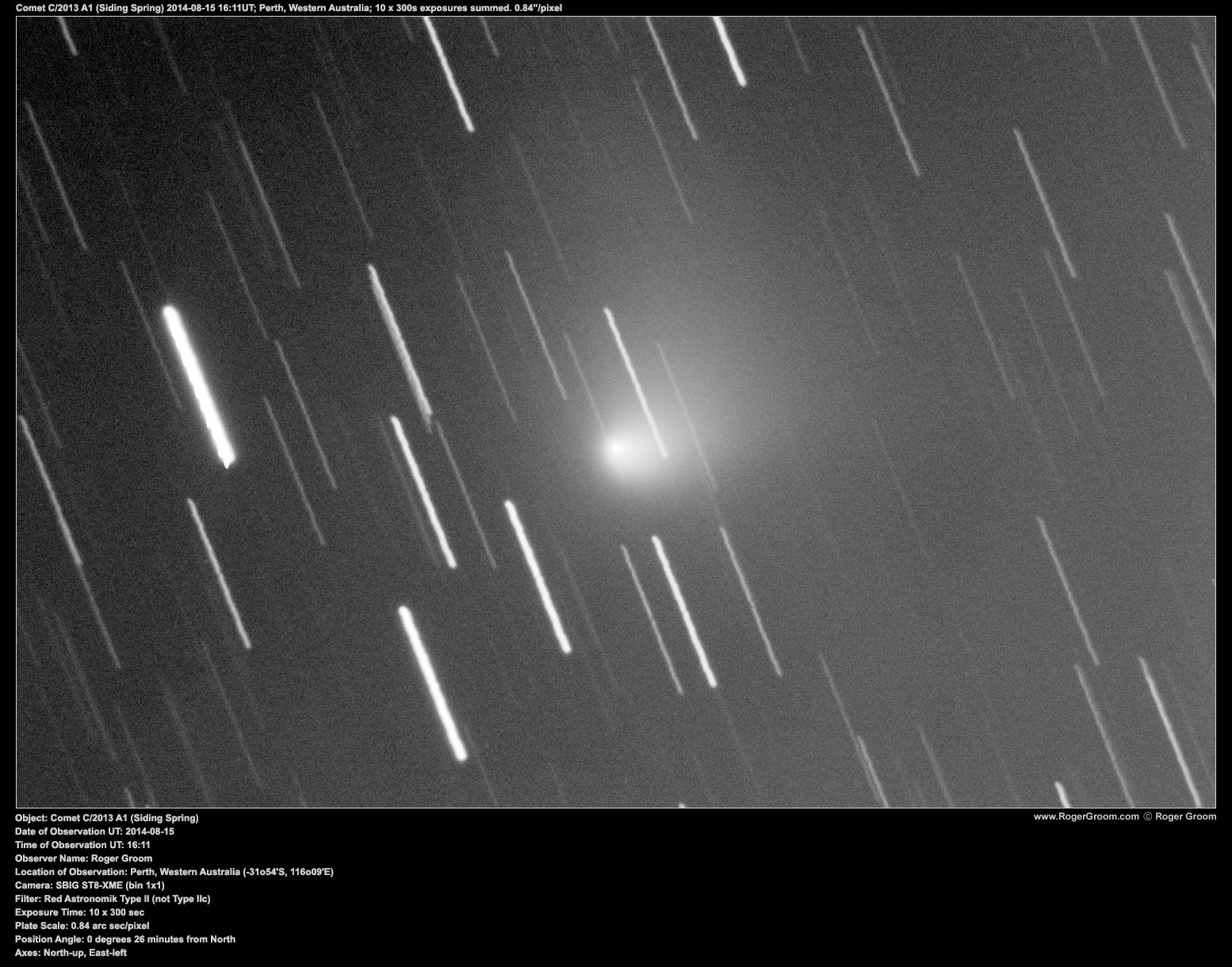 Object: Comet C/2013 A1 (Siding Spring) Date of Observation UT: 20140813 Time of Observation UT: 16:20:00 Observer Name: Roger Groom Location of Observation: Perth, Western Australia (-31o54'S, 116o09'E) Camera: SBIG ST8-XME (bin 1x1) Filter: Red Astronomik Type II (not Type IIc) Exposure Time: 10 x 300 sec (sumstacked) Plate Scale: 0.84 arc sec/pixel Position Angle: 0 degrees 26 minutes from North Axes: North-up, East-left