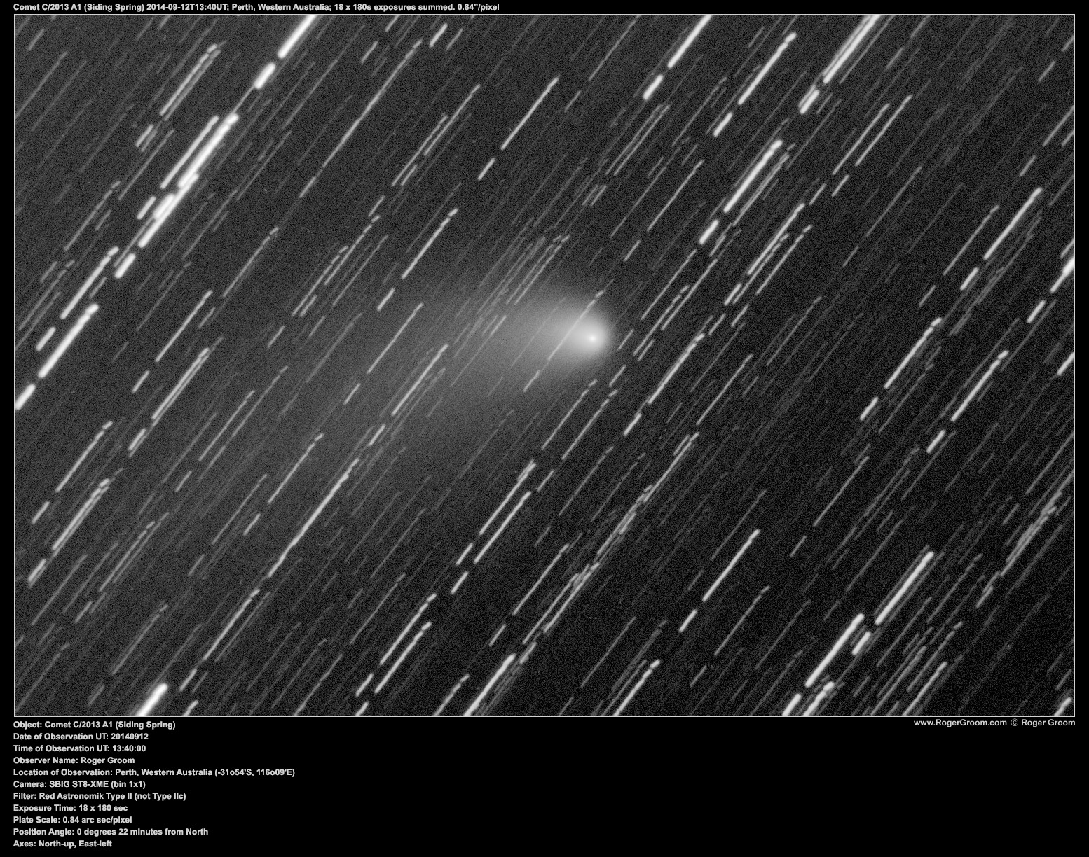 Object: Comet C/2013 A1 (Siding Spring) Date of Observation UT: 20140912 Time of Observation UT: 13:40:00 Observer Name: Roger Groom Location of Observation: Perth, Western Australia (-31o54'S, 116o09'E) Camera: SBIG ST8-XME (bin 1x1) Filter: Red Astronomik Type II (not Type IIc) Exposure Time: 18 x 180 sec Plate Scale: 0.84 arc sec/pixel Position Angle: 0 degrees 22 minutes from North Axes: North-up, East-left