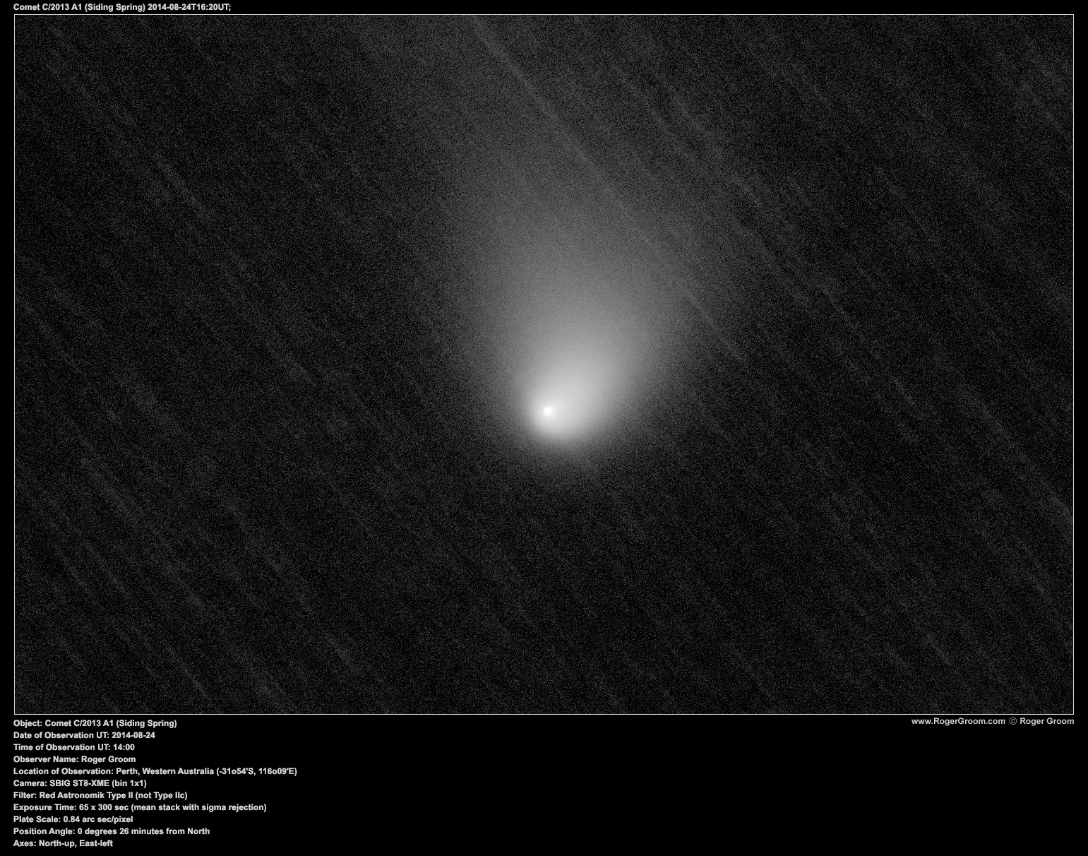 Object: Comet C/2013 A1 (Siding Spring) Date of Observation UT: 2014-08-24 Time of Observation UT: 14:00 Observer Name: Roger Groom Location of Observation: Perth, Western Australia (-31o54'S, 116o09'E) Camera: SBIG ST8-XME (bin 1x1) Filter: Red Astronomik Type II (not Type IIc) Exposure Time: 65 x 300 sec (mean stack with sigma rejection) Plate Scale: 0.84 arc sec/pixel Position Angle: 0 degrees 26 minutes from North Axes: North-up, East-left