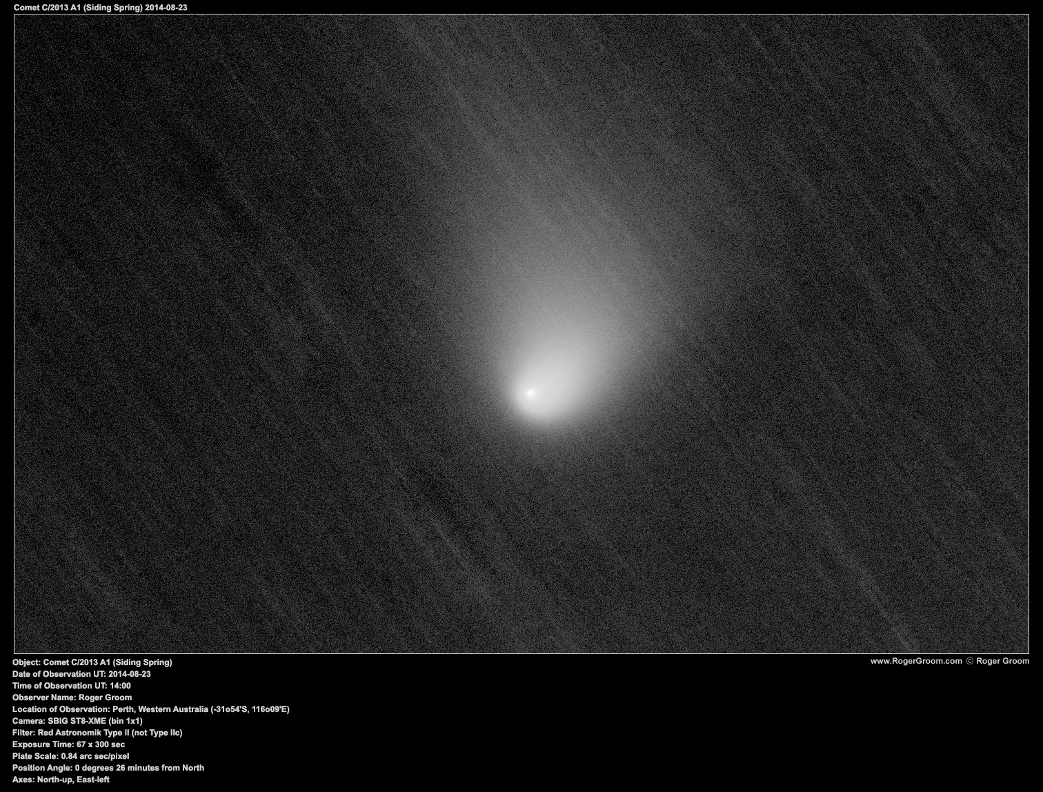 Object: Comet C/2013 A1 (Siding Spring) Date of Observation UT: 2014-08-23 Time of Observation UT: 14:00 Observer Name: Roger Groom Location of Observation: Perth, Western Australia (-31o54'S, 116o09'E) Camera: SBIG ST8-XME (bin 1x1) Filter: Red Astronomik Type II (not Type IIc) Exposure Time: 67 x 300 sec (mean stack with sigma rejection) Plate Scale: 0.84 arc sec/pixel Position Angle: 0 degrees 26 minutes from North Axes: North-up, East-left