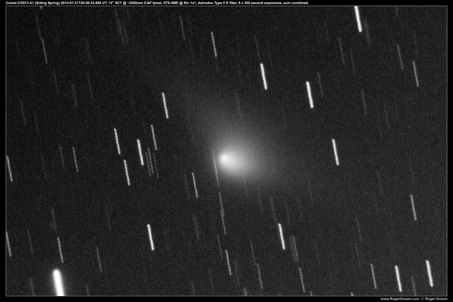 Comet C/2013 A1 (Siding Spring) 2014-07-31T20:56:23.809UTC Start; 12” SCT @ 2200mm, 0.84”/pixel; ST8-XME @ bin1x1, -25c, 8x300 second exposures summed.