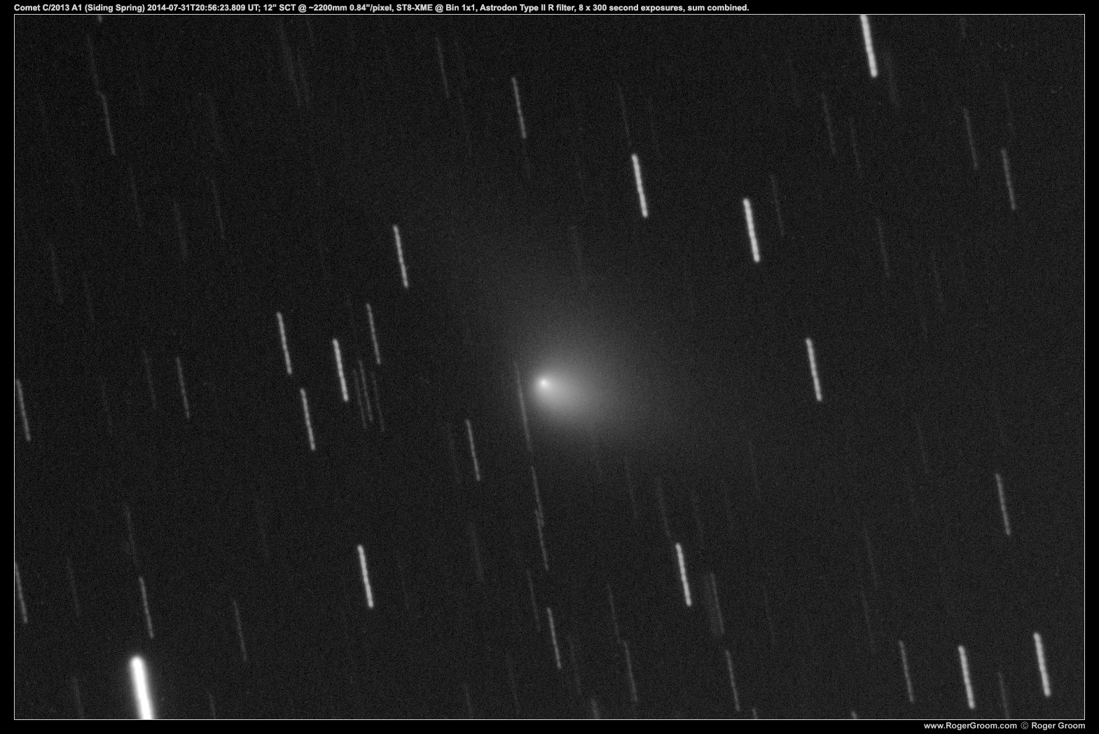 Comet C/2013 A1 (Siding Spring) 2014-07-31T20:56:23.809UTC Start; 12” SCT @ 2200mm, 0.84”/pixel; ST8-XME @ bin1x1, -25c, 8x300 second exposures summed.