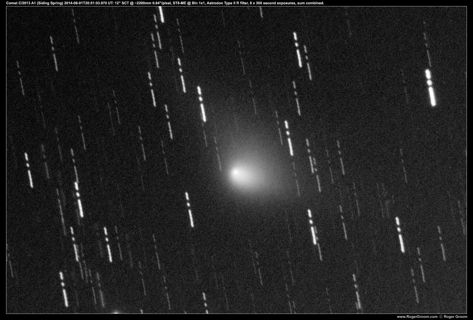 Comet C/2013 A1 (Siding Spring) 2014-08-01T20:51:03.970UTC Start; 12” SCT @ 2200mm, 0.84”/pixel; ST8-XME @ bin1x1, -25c, 8x300 second exposures summed.
