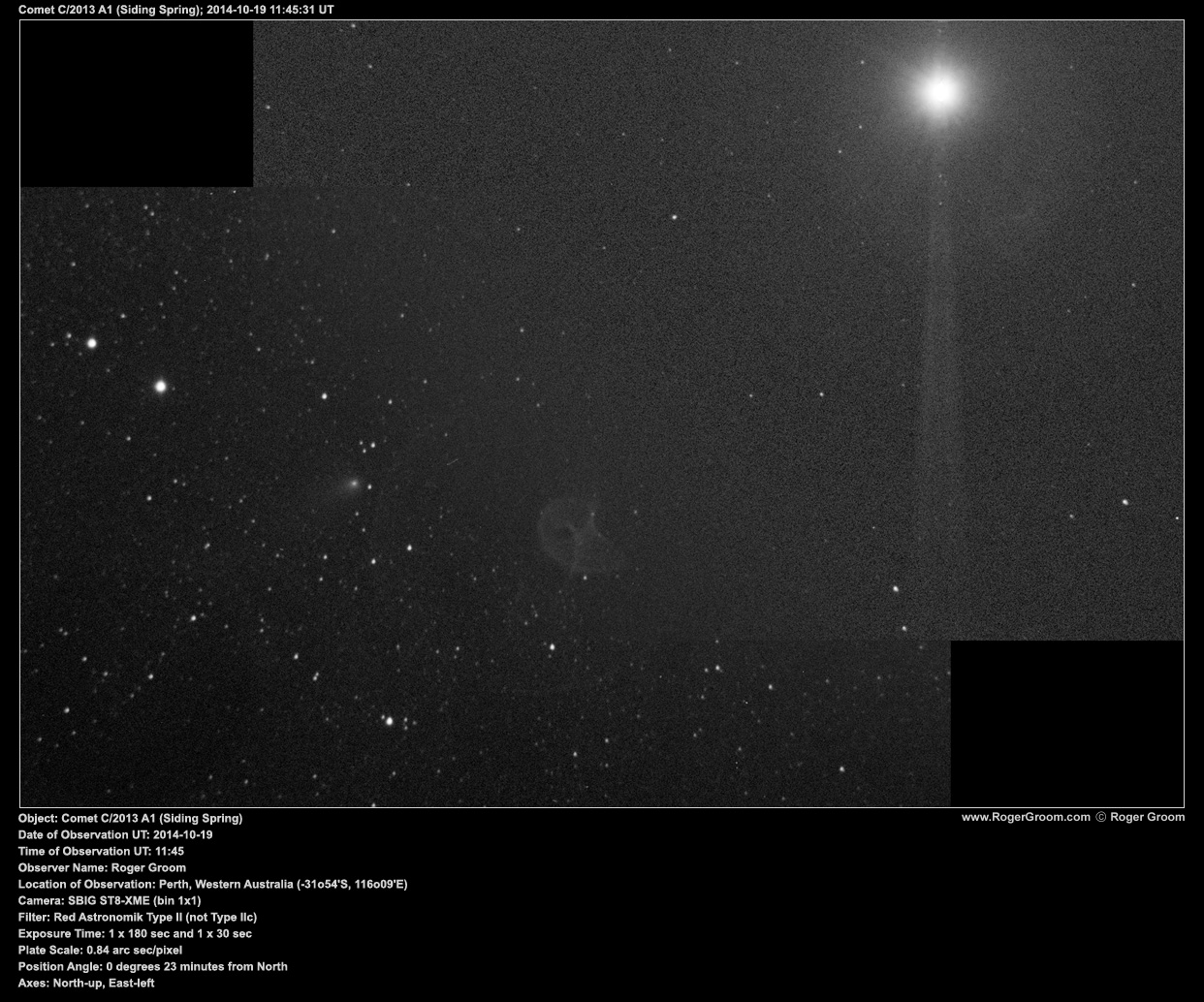 Object: Comet C/2013 A1 (Siding Spring) Date of Observation UT: 2014-10-19 Time of Observation UT: 11:45 Observer Name: Roger Groom Location of Observation: Perth, Western Australia (-31o54'S, 116o09'E) Camera: SBIG ST8-XME (bin 1x1) Filter: Red Astronomik Type II (not Type IIc) Exposure Time: 1 x 180 sec and 1 x 30 sec Plate Scale: 0.84 arc sec/pixel Position Angle: 0 degrees 23 minutes from North Axes: North-up, East-left