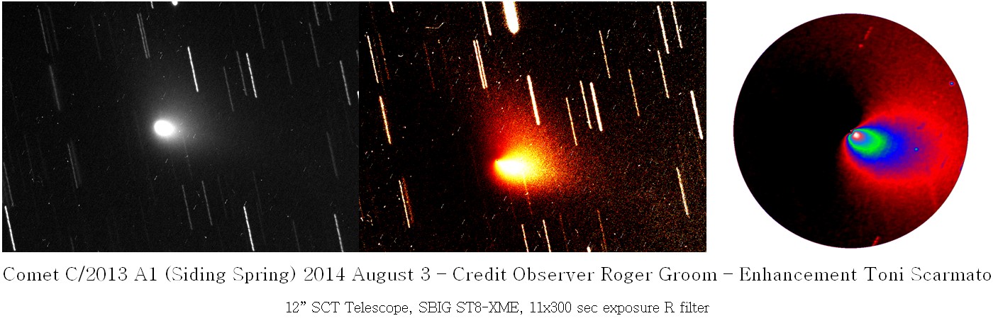 Comet C/2013 A1 (Siding Spring); 2014-08-03 20:02:12ZUTC; 12” SCT @ ~2200mm, 0.84”/pixel, ST8-XME @-25bin 1x1, 10x300 second exposures summed. Processing by Toni Scarmato, photography by Roger Groom.