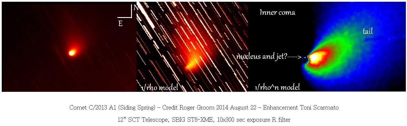 Object: Comet C/2013 A1 (Siding Spring) Date of Observation UT: 2014-08-22 Time of Observation UT: 14:20 Observer Name: Roger Groom Location of Observation: Perth, Western Australia (-31o54'S, 116o09'E) Camera: SBIG ST8-XME (bin 1x1) Filter: Red Astronomik Type II (not Type IIc) Exposure Time: 10 x 300 sec Plate Scale: 0.84 arc sec/pixel Position Angle: 0 degrees 26 minutes from North Axes: North-up, East-left Processing performed by Toni Scarmato.