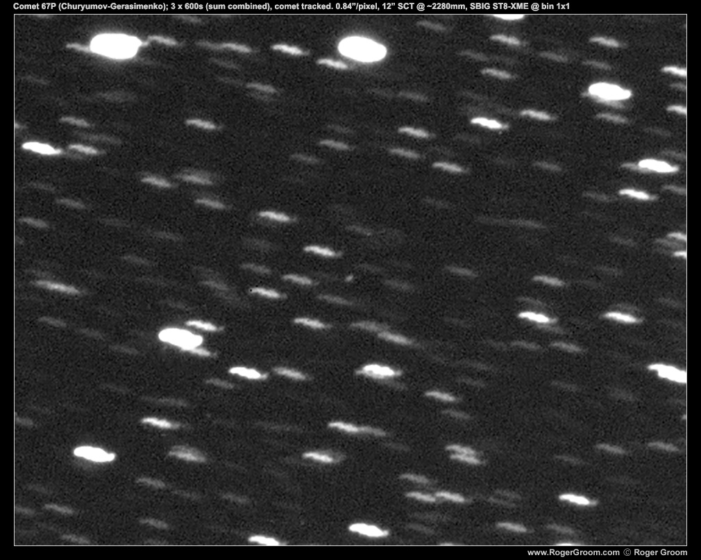 Comet 67P (Churyumov-Gerasimenko); 3 x 600s (sum combined), comet tracked. 0.84”/pixel, 12” SCT @ ~2280mm, SBIG ST8-XME @ bin 1x1. Exposure start: 2014-07-17T12:41:17.760 UTC