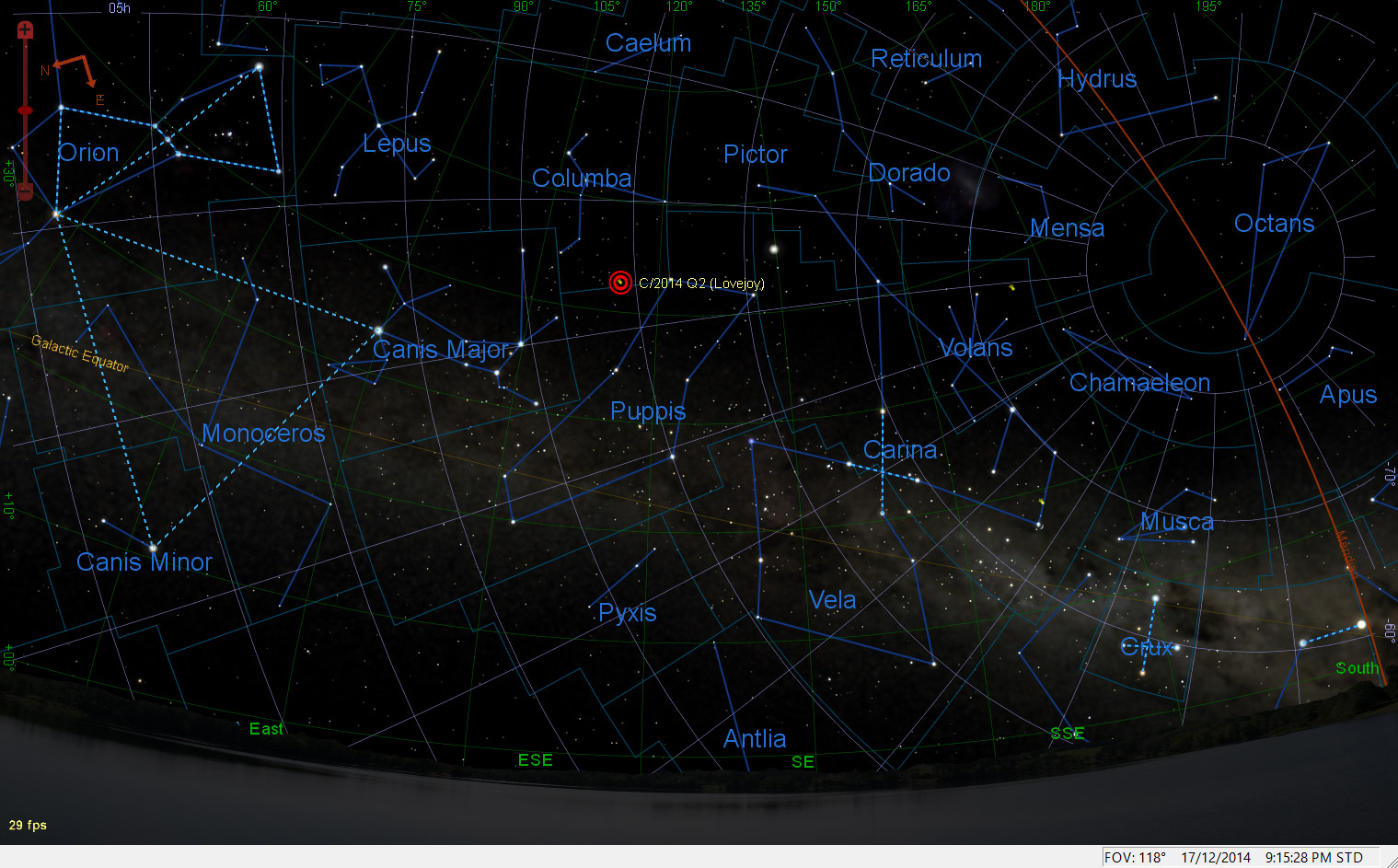 Comet C/2014 Q2 (Lovejoy) finder image to help find the come in the December night sky. The comet is nicely positioned in the south-east after sunset, between the bright stars Sirius and Canopus.