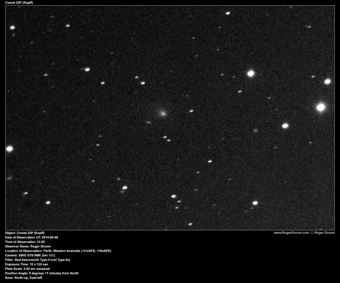 Object: Comet 22P (Kopff) Date of Observation UT: 2015-05-08 Time of Observation 12:39 Observer Name: Roger Groom Location of Observation: Perth, Western Australia (-31o54'S, 116o09'E) Camera: SBIG ST8-XME (bin 1x1) Filter: Red Astronomik Type II (not Type IIc) Exposure Time: 10 x 120 sec Plate Scale: 0.84 arc sec/pixel Position Angle: 0 degrees 17 minutes from North Axes: North-up, East-left