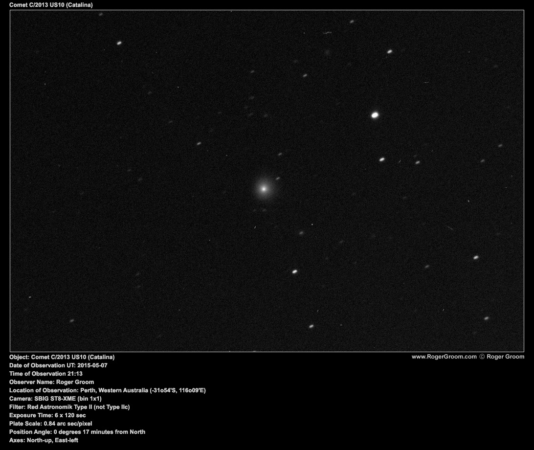 Object: Comet C/2013 US10 (Catalina) Date of Observation UT: 2015-05-07 Time of Observation 21:13 Observer Name: Roger Groom Location of Observation: Perth, Western Australia (-31o54'S, 116o09'E) Camera: SBIG ST8-XME (bin 1x1) Filter: Red Astronomik Type II (not Type IIc) Exposure Time: 6 x 120 sec Plate Scale: 0.84 arc sec/pixel Position Angle: 0 degr1th-up, East-left