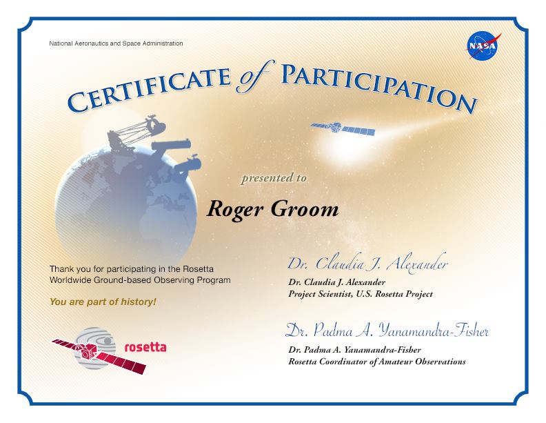 NASA Rosetta observation certificate of participation