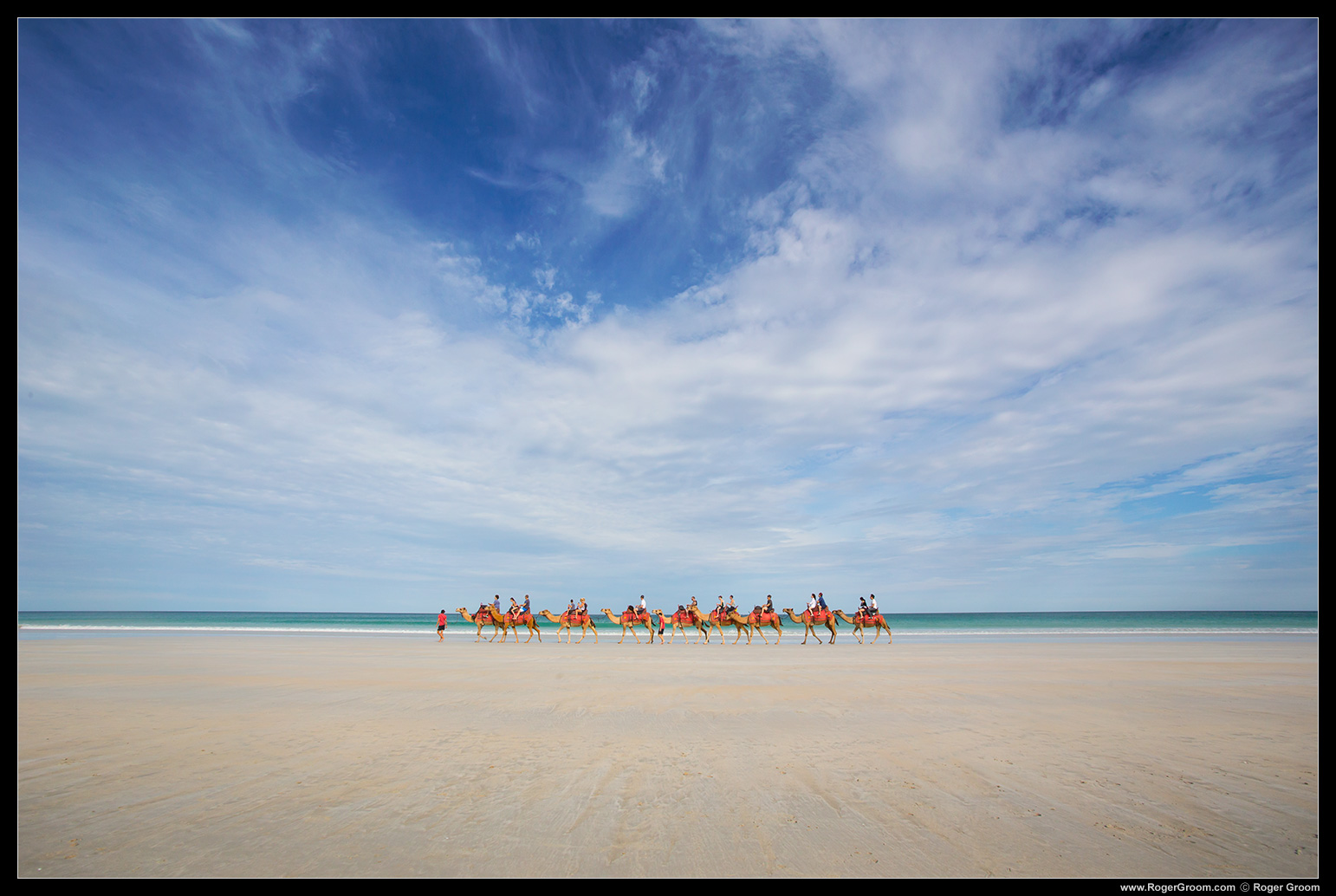 Camels on Cable Beach with the spectacular sky and sand.