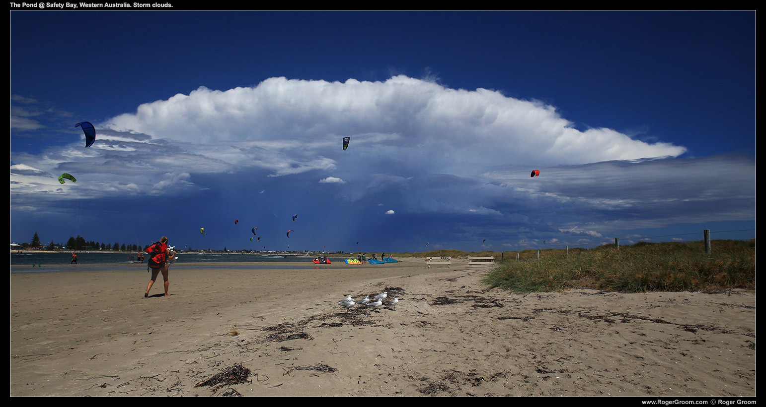 Storm clouds in the distance at The Pond @ Safety Bay, Western Australia. Kite Surfers abound!