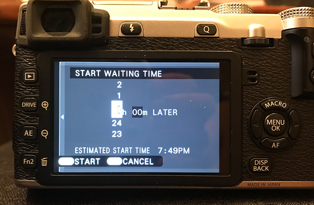 Fuji X-E2 interval shooting menu (screen 2 of 2)